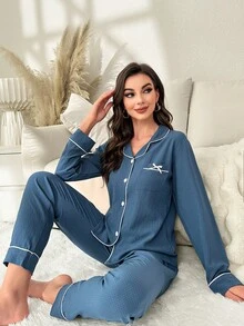 Lazeform Contrast Trim Long Sleeve Top & Pants Pajama Set, Winter Clothes - Dusty Blue - View 7