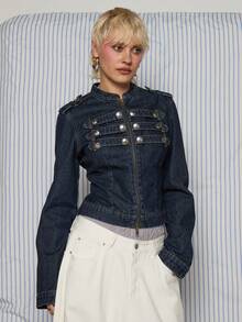 COUREZ Fitted Denim Drummer Jacket / Y2K Fitted Denim Jacket Fall Winter Lightweight Denim Button Zip Front NYE Occasion