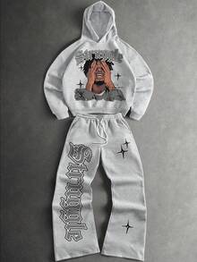 2pcs Men Portrait & Letter Graphic Print Casual Streetwear Hoodie & Sweatpants Set, Fall Men Clothes - Grey - View 2