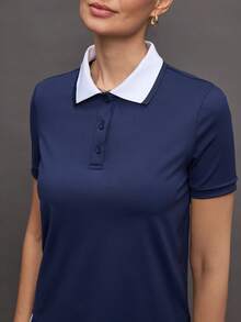 Activina Camisa polo de golf de manga corta con cuello polo y contraste de color para mujer - Azul - Ver 4