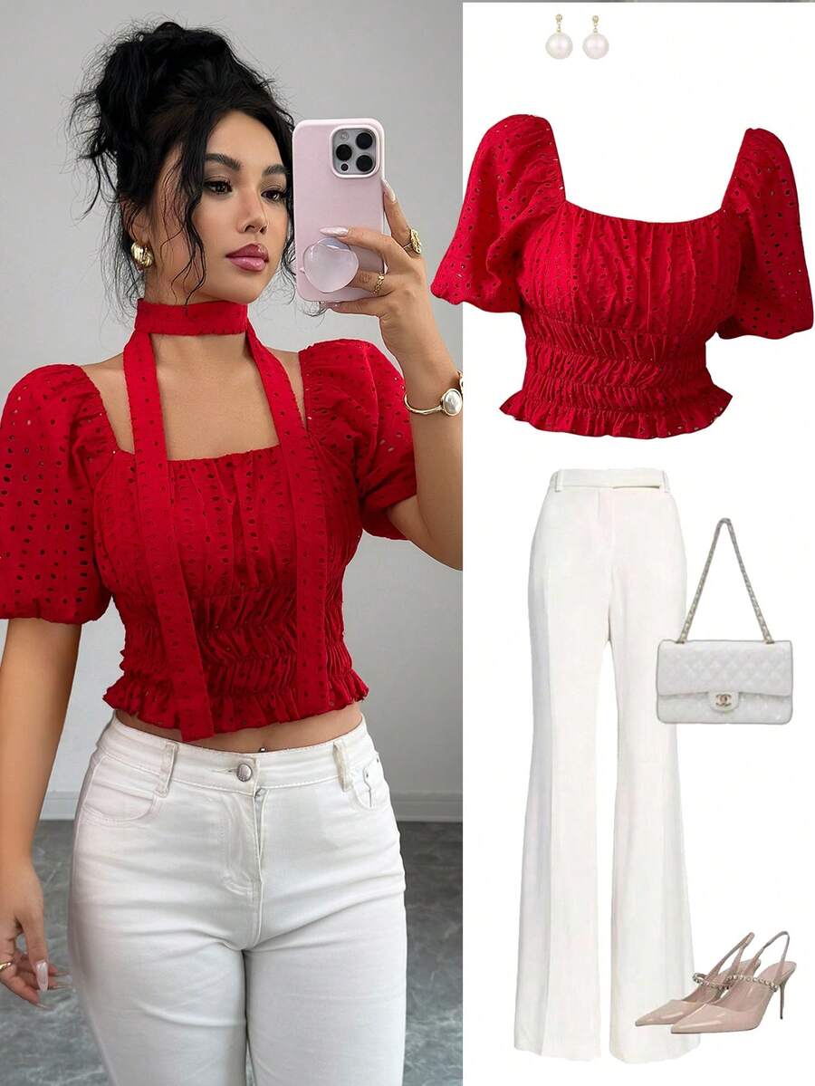 Selianne Damen elegante Bluse mit quadratischem Kragen, Sommer - Rot - Übersicht 1