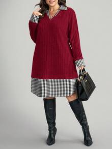 Comfylo 大码纯色格子拼接长袖连衣裙 - 紅色 - 查看 5