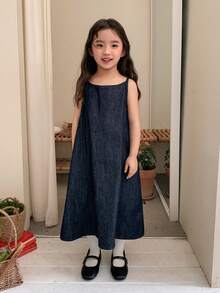 DAZY Young Girl' Retro Strap Korean Style Washed Denim Dress, Summer - Blue - View 2