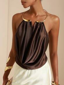 SHEIN Veneréa Women's Solid Color Metal Ring Halter Neck Ruched Backless Sexy Blouse - Brown - View 1