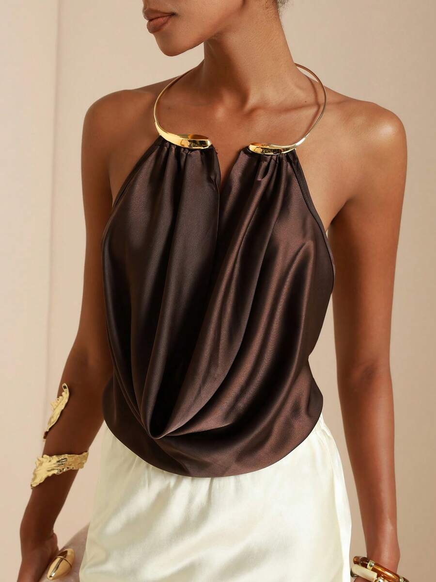 SHEIN Veneréa Women's Solid Color Metal Ring Halter Neck Ruched Backless Sexy Blouse - Brown - View 1