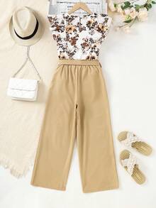 Tween Girl Round Neck Cap Sleeve Casual Elegant 2 Pieces Set - Multicolor - View 2