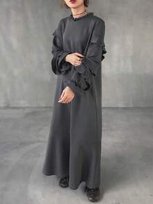 FRIFUL Women's Layered Ruffle Collar Loose Long Dress Sundress - Grey - View 1