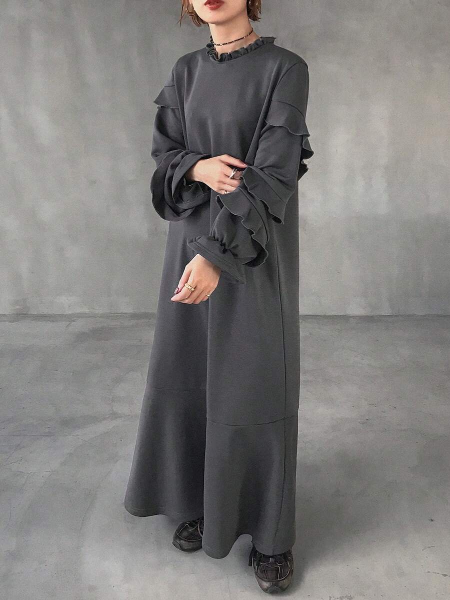 FRIFUL Women's Layered Ruffle Collar Loose Long Dress Sundress - Grey - View 1
