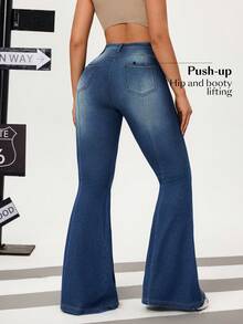 Flexra Women's Casual Washed High Waist Flare Jeans - Blue - View 2