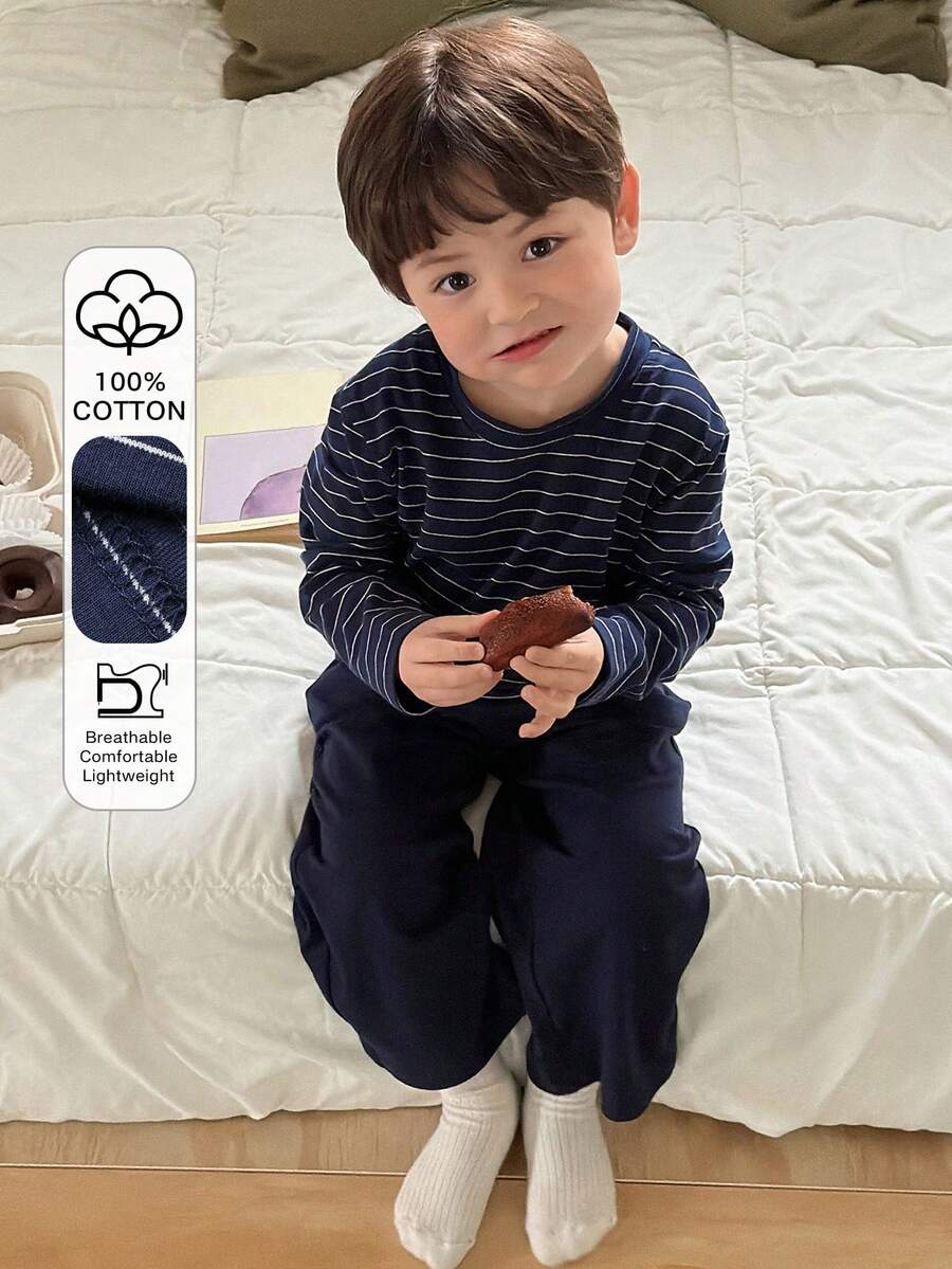 Dazy Kids 两件套幼儿男童条纹圆领长袖上衣和纯色长裤睡衣套装 - 藏蓝色 - 查看 1