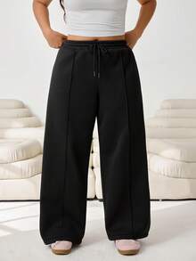Solflare 大码女式休闲纯色抽绳腰阔腿裤，适合外出和通勤，秋冬季百搭单品 - 黑色 - 查看 8