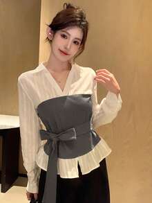 DAZY Women's 2 In 1 Tie Collar Long Sleeve Elegant Formal Blouse, Spring/Autumn