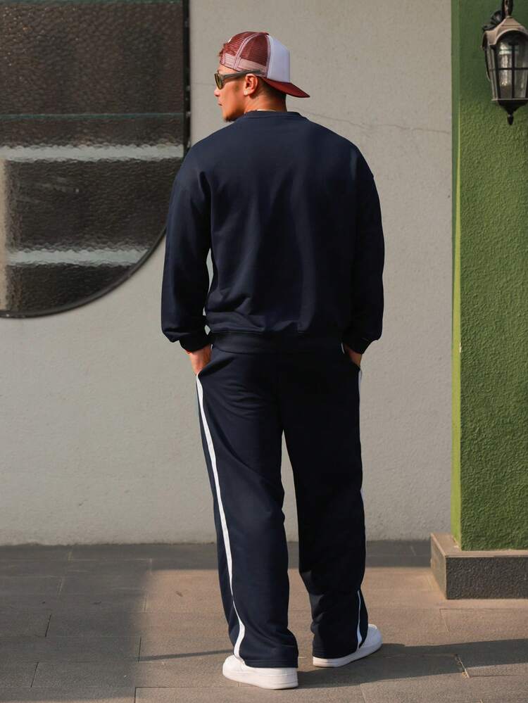 Men's Color Block Letter Print T-Shirt Set, Spring/Autumn