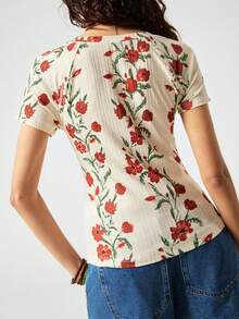 SoleilVie Áo len nữ mới, chất liệu co giãn, gân nổi, in họa tiết hoa màu mơ, kiểu dáng retro tay ngắn, cổ chữ V, chất vải mềm mại, thân thiện với da, phù hợp cho hoạt động ngoài trời, kỳ nghỉ, phong cách boho chic, áo thun ngắn tay thanh lịch, áo nữ thường ngày, áo nữ họa tiết hoa, áo nữ kiểu cao bồi, quần áo mùa hè cho nữ. - Nhiều màu - Xem 3