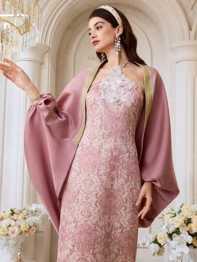 Al Najma Women's Lantern Sleeve Shawl & Halter Neck Floral Embroidery Elegant Luxurious Arabic Dress For Party Dress With Cape Pink Dress For Women Elegant Luxury Dress For Women