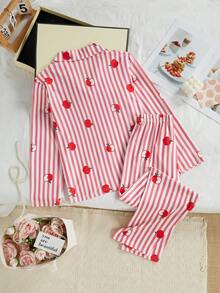 少女条纹苹果领开衫和裤子睡衣套装，条纹睡衣套装，纽扣睡衣套装，两件套睡衣套装 - 粉色 - 查看 2
