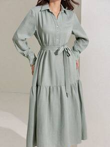 DAZY 女士纯色简约长袖中长连衣裙，休闲日常穿着吊带裙 - 綠色 - 查看 2