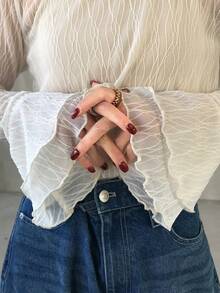 FRIFUL Sheer Textured Mesh Fabric Round Neck Long Sleeve Layered Flare Cuff Casual Versatile Blouse
