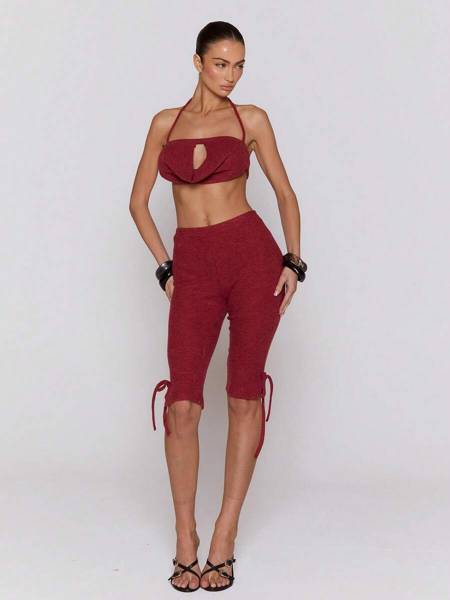 MUSERA Quần Capri dệt kim ôm sát với chi tiết gấu quần, thích hợp mặc hàng ngày, đi chơi đêm, gợi cảm, phong cách đường phố, thanh lịch, lễ hội, mùa hè, thường ngày. - Màu Đỏ Sâu - Xem 1