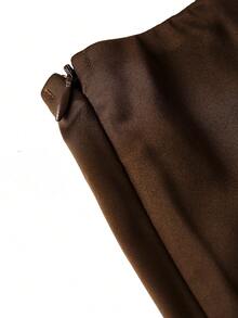 Ellevyn Flowy Comfortable High-Intelligent Top And Satin Shiny Mermaid Hem Elegant Brown Suit, Business Attire - Brown - View 5