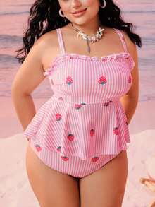 Swim Mod 大码女式两件套随机印花吊带泳衣，带收腹设计，适合海滩和度假 - 彩色 - 查看 1