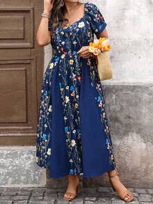 EMERY ROSE Đầm dáng xòe ngắn tay phối màu kiểu Pháp thanh lịch, cỡ lớn, thích hợp cho công sở, thích hợp mặc mùa xuân/hè. - Xanh đậm - Xem 6