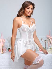 SHEIN 2pcs Women Sexy Lace Patchwork Nightgown Set - White - View 3