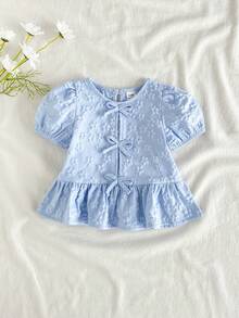 SHEIN Vintaside Kids Áo sơ mi vải họa tiết hoa cho bé gái, kiểu dáng đồng quê, dễ thương và thời trang, thoải mái cho mùa xuân/hè. - Màu xanh lam - Xem 3