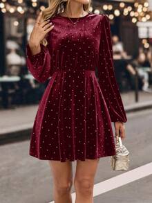 SHEIN LUNE 女士时尚休闲丝绒长袖迷你连衣裙 - 酒紅色 - 查看 7