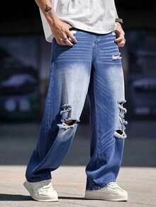 Teen Boy Oversized Loose Fit Distressed Pocket Denim Jeans, All Season - Medium Wash - View 1