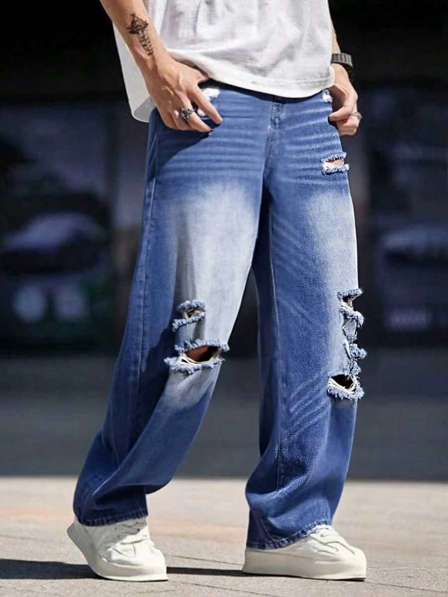 Teen Boy Oversized Loose Fit Distressed Pocket Denim Jeans, All Season - Medium Wash - View 1