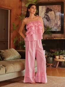 Lullawish Bohemian Casual Romantic Ruffle Trim Sleepwear, Women Sleepwear Suit Elegant Charming Loungewear Ruffle Pajamas Pink Outfit Women Pink Lounge Set Summer Lounge Sets For Women Pink Top - Pink - View 5