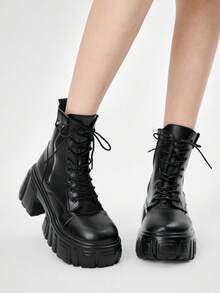 ROMWE Grunge Punk 女士厚底休闲系带踝靴，适合日常穿着 - 黑色 - 查看 1