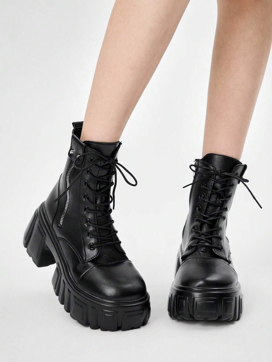 ROMWE Grunge Punk 女士厚底休闲系带踝靴，适合日常穿着 - 黑色 - 查看 1
