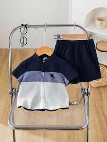 2pcs Baby Boy Summer Colorblock Polo Collar Short Sleeve Cardigan Top And Solid Elastic Waist Shorts Set, Casual School Style Suitable For Outings, Home, And School