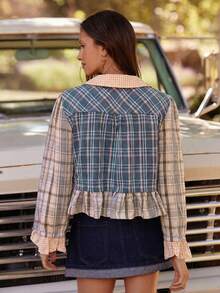 WESTFADE Mixed Plaid & Gingham Collared Button Front Tiered Ruffle Boxy Fit Top Fall, Autumn, Winter, Boho, Casual, Cute, Western Wear, Country - Navy Blue - View 2
