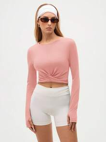 Eassivo Eassivo Women's Pink Fabric Round Neck Long Sleeve Crop Sports Tee With Twist Detail,Twist Front Yoga Top, Stretch Athleisure Workout Tee For Gym And Daily Wear, Cropped Tops, Long Sleeve Cropped Top - Pink - View 5