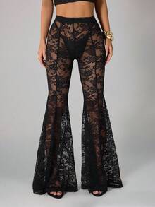 SHEIN PETITE Women's Black Sexy Lace Night Out/Rave Party/Club Wear/Bachelor Party/Theme Party Outfit See-Through Lace Wide-Leg Flared Pants/70s Clothes/Black Pants - Black - View 6