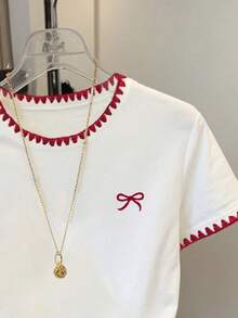 Resyla Camiseta casual de mujer con cuello redondo y bordado de lazo - Blanco - Ver 4