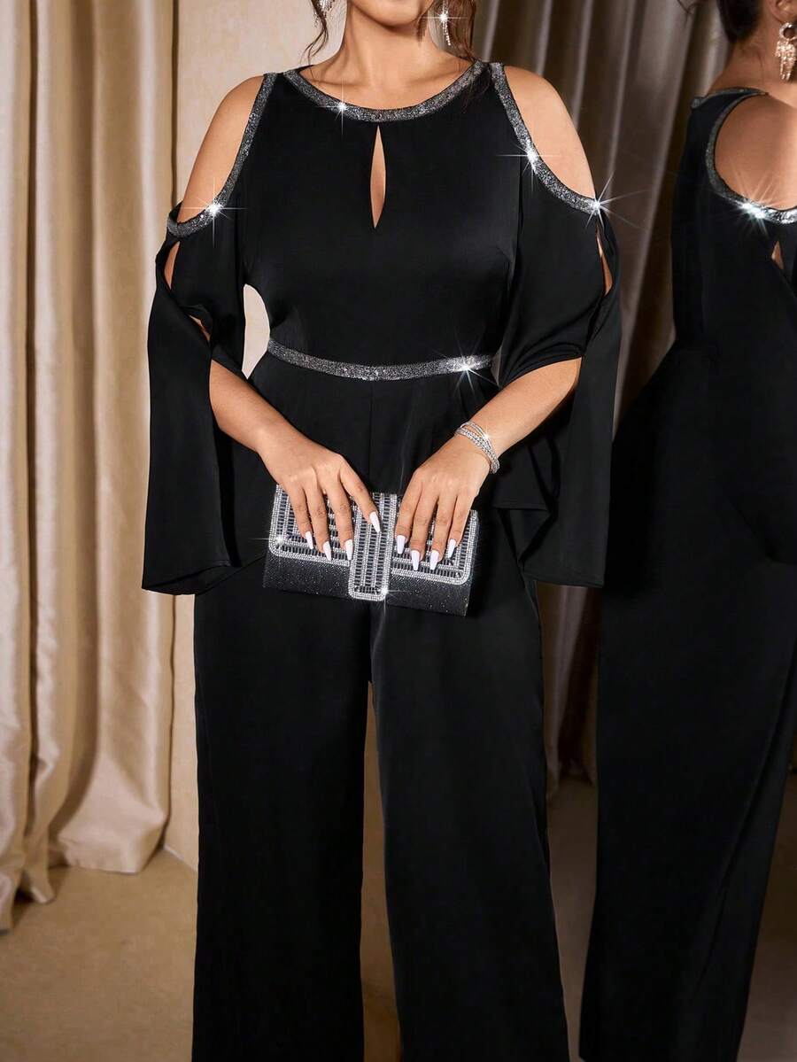 SHEIN Tall CURVE Combinaison élégante et affinante pour grande taille, combinaison de soirée sexy, sans bretelles, ajourée, avec sequins et décoration de ruban. Combinaison noire ample pour femmes grandes. Combinaison noire élégante à jambes larges. Combinaison élégante pour femmes. Combinaison noire de cérémonie - Noir - Voir 1