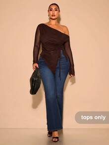 SHEIN BAE Plus Size Women Solid Asymmetric Shoulder Sleeveless Casual Form-Fitting Blouse - Coffee Brown - View 7