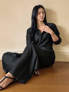 DAZY Conjunto de camisa vaquera de manga larga con cuello y pantalones rectos holgados de mezclilla casual para mujer - Azul lavado oscuro - Ver 3