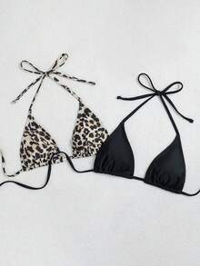 Swim Vcay 两件套女士性感露背系带挂脖比基尼上衣，纯色和豹纹印花，夏季沙滩装 - 彩色 - 查看 3