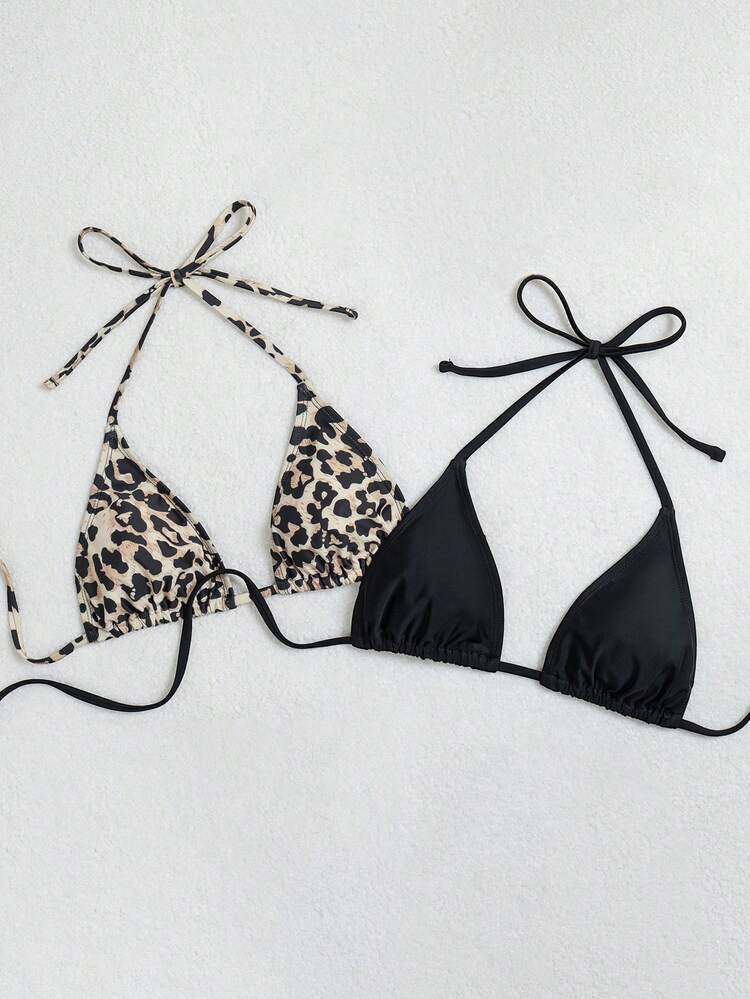 Swim Vcay 两件套女士性感露背系带挂脖比基尼上衣，纯色和豹纹印花，夏季沙滩装 - 彩色 - 查看 3