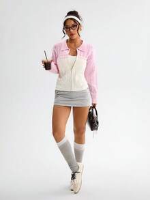 SHEIN Dewbera Áo khoác cardigan dệt kim thể thao thường ngày dành cho nữ, tay dài, vai rớt, phối màu tương phản, khóa kéo phía trước. - Hồng - Xem 5