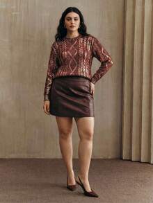 Anewsta 大码女式女神毛衣，复古优雅大码高领麻花针织套头衫，金属箔俱乐部款，浅灰色上衣 - 酒紅色 - 查看 5