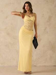 SHEIN BAE Đầm ren xếp ly xuyên thấu màu đỏ/đỏ tía, hở lưng, gợi cảm với dây đeo mảnh, đầm đi biển mùa hè, đầm hở lưng phong cách Bohemian, trang phục dự hòa nhạc cho nữ, đầm phù dâu. - Màu vàng - Xem 5