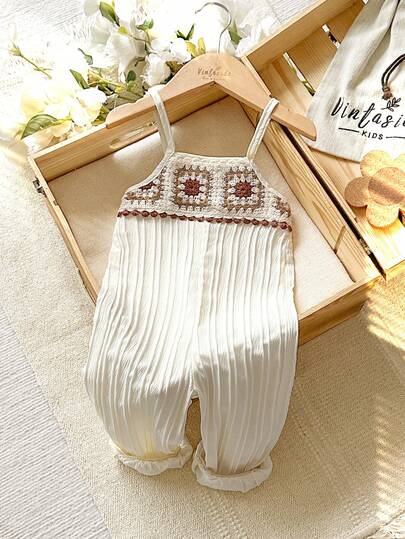 Vintaside Kids Baby Girl Fashionable Casual Textured Fabric Jumpsuit, Suitable For Spring/Summer, Home, Outdoor, Vacation, Beach, Festival, Party, Daily Wear