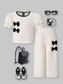 SHEIN Casuvi Kids 女童两件套 - 纯色梭织泡泡袖短袖上衣，撞色水滴领和蝴蝶结装饰，搭配宽松直筒裤，法式时尚风格，适合春夏休闲穿着 - 彩色 - 查看 7