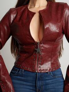 Lupita Cardoza Wine Red Street Style Long Sleeve Leather Jacket,Leather Jacket,Burgundy ,Punk,,Fall Clothes For Women,Winter,Cropped Jacket,Streetwear, - Burgundy - View 4